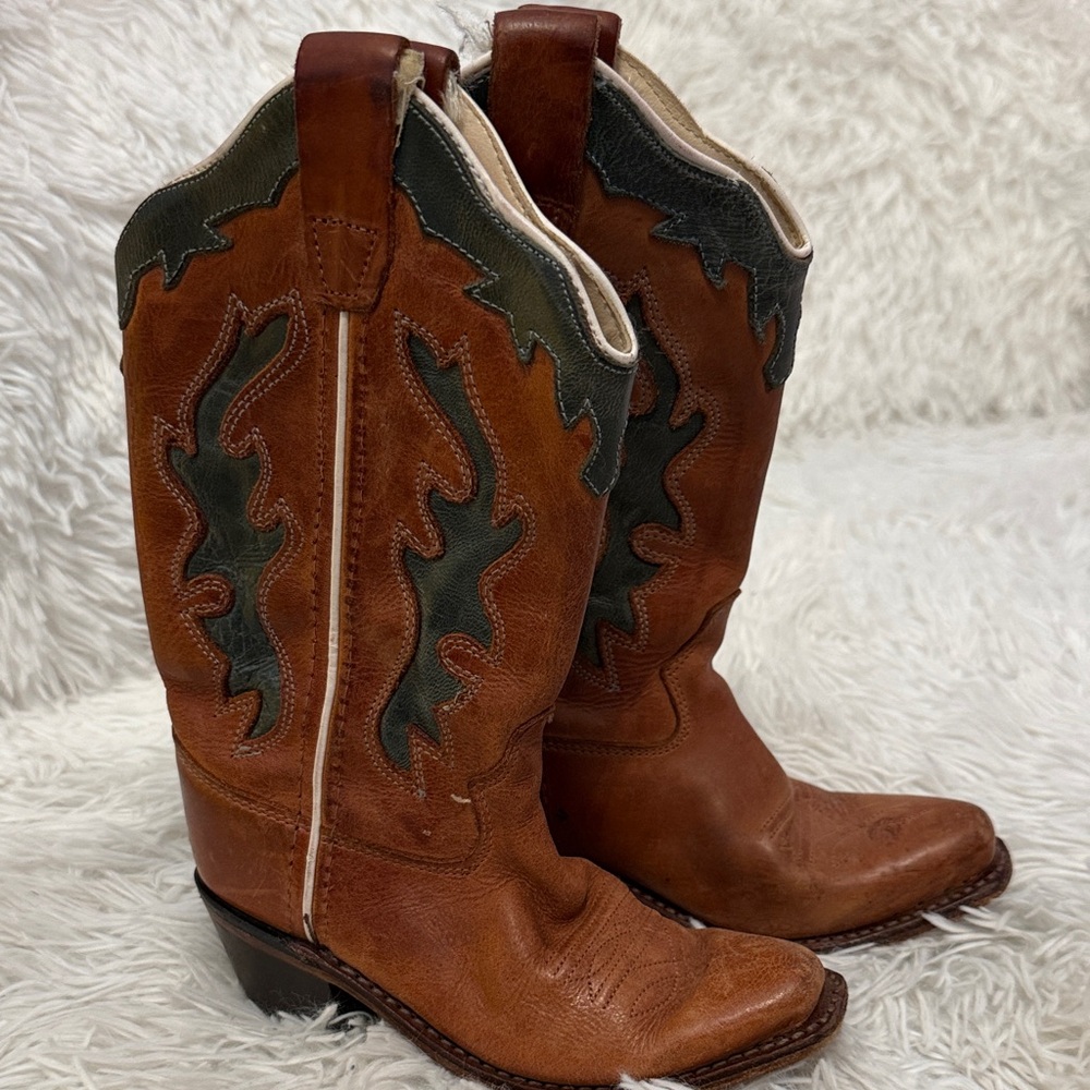 Old West Brown and Green Kids Boots